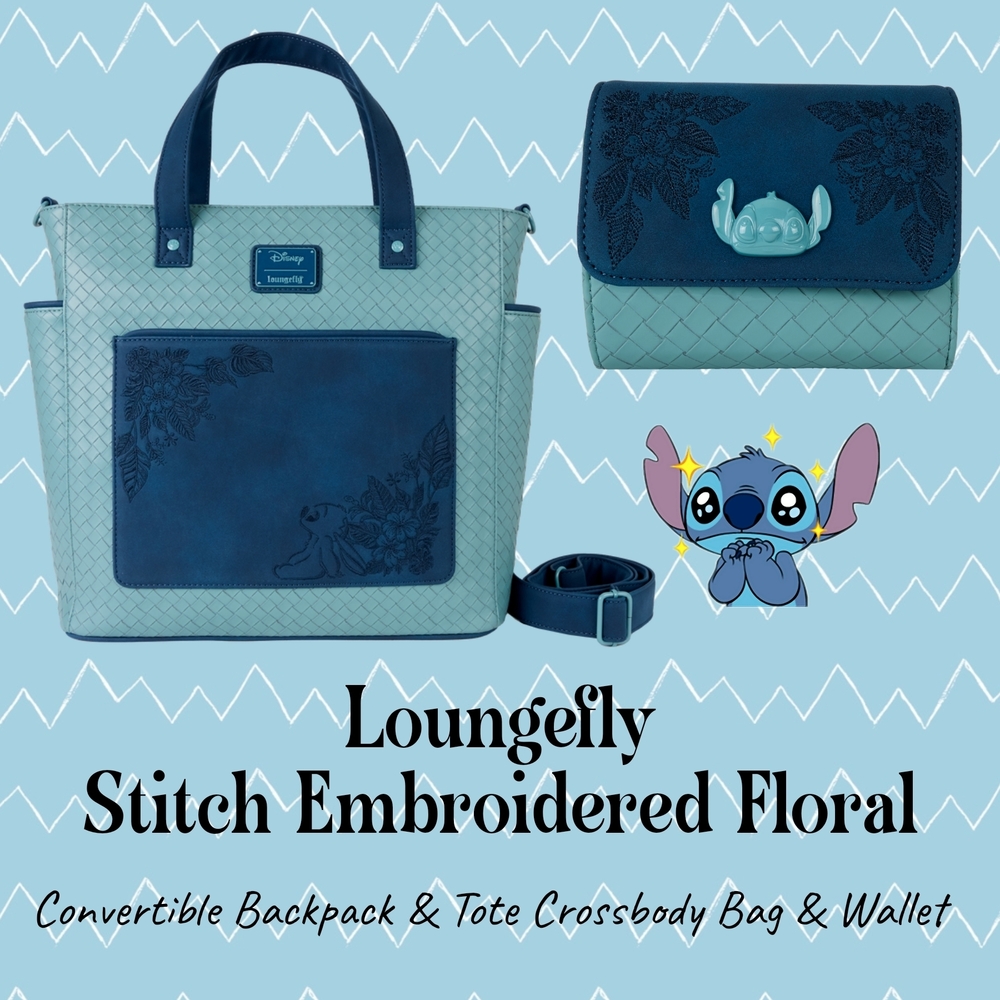 LOUNGEFLY Stitch Embroidered Flower Convertible Bcpk & Tote Crossbody & Wallet